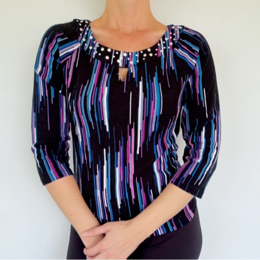 Rafaella purple stripe beaded keyhole neckline 3/4 sleeve cotton top size MP